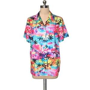 Boutique Statement Colorful Tropical Print Button Front Blouse Top M